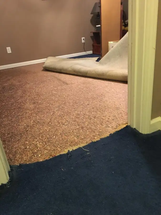 Carpet pad removal revealing water damage during Water Mitigation Services in Tarboro